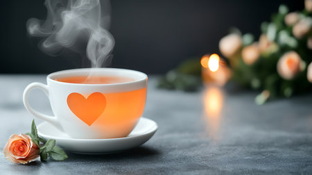Cup of tea with heart and rose on table, closeupの写真素材