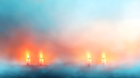 Burning candles in the fog. Vector illustration. Eps 10.の写真素材