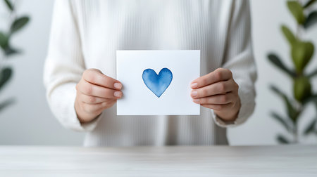 Woman holding card with blue heart on it in her hands, closeupの写真素材