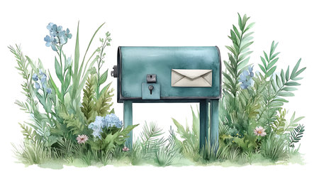 Watercolor illustration of a blue mailbox with a letter in the grassの写真素材