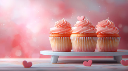 Cupcakes with pink buttercream frosting and hearts on a light backgroundの写真素材
