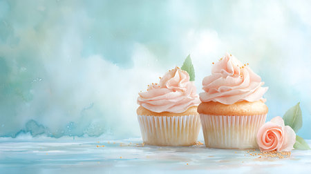 Cupcakes decorated with cream and roses on a blue background.