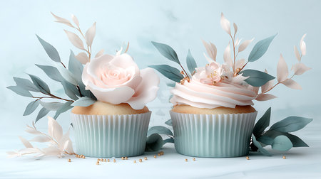 Cupcakes decorated with flowers and eucalyptus leavesの写真素材