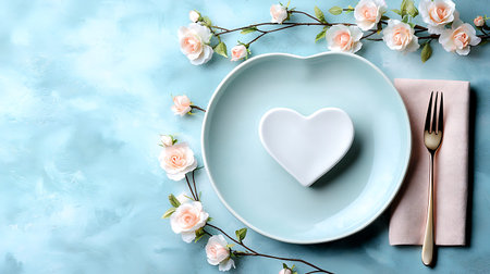 Valentine's day table setting with white heart on blue background