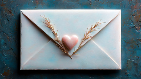 Valentine's day background. Envelope with pink heart and branches on blue backgroundの写真素材