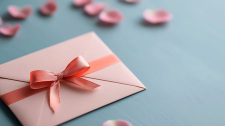 Valentine's Day concept with pink envelope on blue wooden backgroundの写真素材