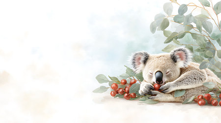 Cute koala with berries and eucalyptus leavesの写真素材