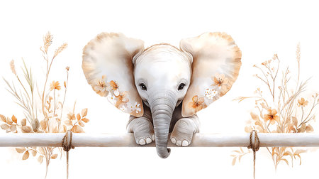 Elephant on bamboo fence isolated on white background, clipping path included
