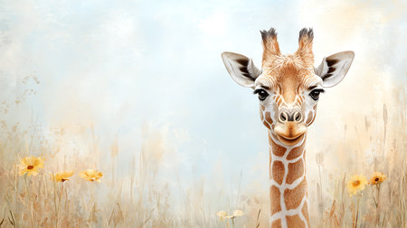 Giraffe in the meadow of flowers. Digital painting.の写真素材