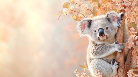Cute koala on eucalyptus branch with flowersの写真素材