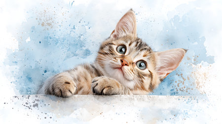 Cute little kitten with blue eyes. Digital watercolor painting.の写真素材