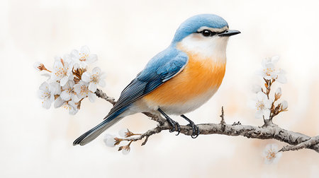 Colorful blue bird sitting on a branch with blooming white flowersの写真素材