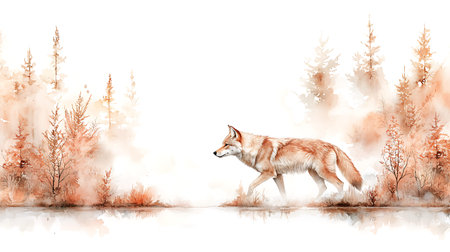 Watercolor illustration of a wolf running in the forest. Watercolor painting.
