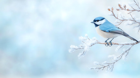 Blue tit on a branch in the snow. Winter background. Copy space.の写真素材