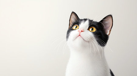 Portrait of a black and white cat with yellow eyes on a white background