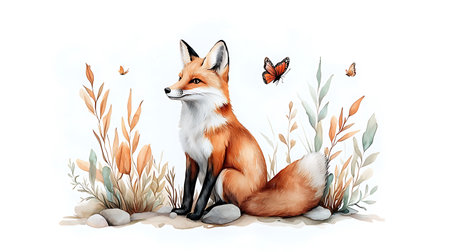 Beautiful watercolor illustration of a fox sitting in the grass.の写真素材