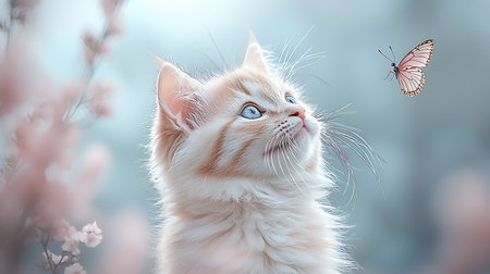 Portrait of a beautiful kitten with a butterfly in the garden.の写真素材