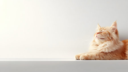 Cute ginger cat lying on table against white wall. Space for textの写真素材