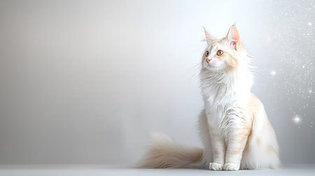 White maine coon cat sitting on white background with copy spaceの写真素材