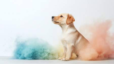 Labrador retriever puppy sitting on a background of colored smoke.の写真素材