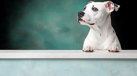 American staffordshire terrier dog sitting on a shelf in front of a green wallの写真素材