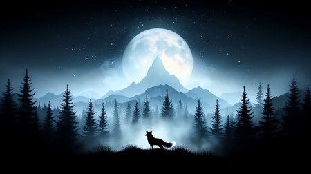Vector illustration of a wolf in the mountains at night with full moon