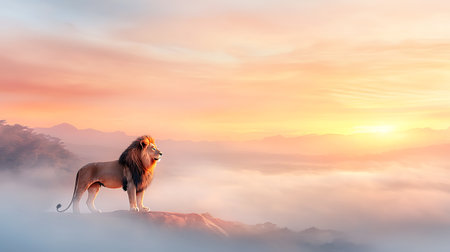 Lion on top of the mountain at sunrise. 3D renderingの写真素材