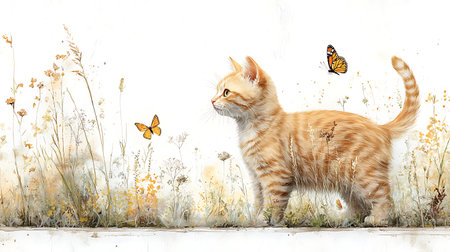 ginger kitten on the meadow with flowers and butterflies on a white backgroundの写真素材