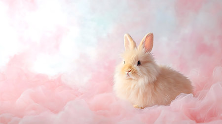 Cute little rabbit on color background. Easter holiday concept. Space for textの写真素材