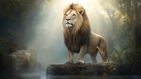 Lion standing on a rock in the jungle. 3d renderingの写真素材