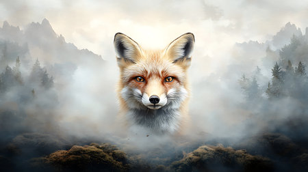 Digital painting of a red fox in a foggy forest, 3D illustrationの写真素材