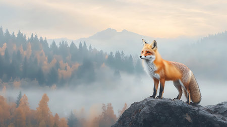 Red fox standing on a rock in the mountains. 3d rendering