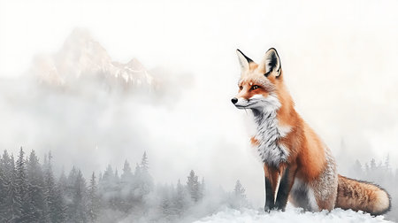 Cute red fox sitting in the snow with mountains in the background