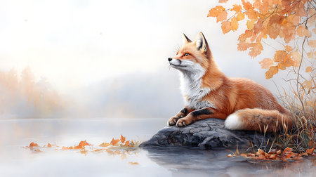 Red fox sitting on a rock with falling leaves.の写真素材
