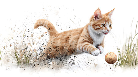 Ginger kitten playing with a ball in the grass isolated on white backgroundの写真素材