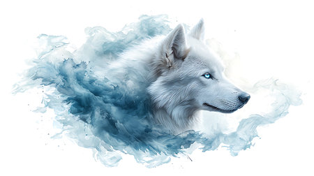 Portrait of a white wolf with blue smoke on a white background