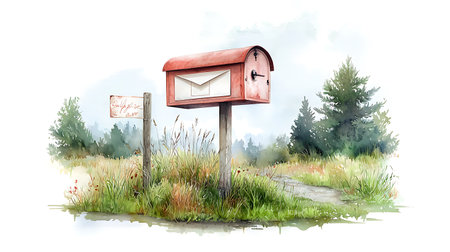 mailbox on the meadow. Watercolor illustration on white backgroundの写真素材
