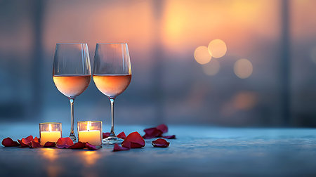 Romantic still life with two glasses of rose wine, candles and heart shaped petalsの写真素材