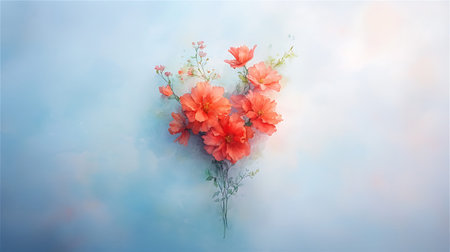 Bouquet of red flowers on blue sky background