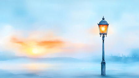 Street lamp in the fog at sunrise. 3D rendering. Copy space.の写真素材
