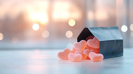 Candy hearts in a paper box on a background of bokehの写真素材