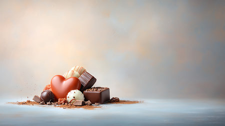 Chocolates and red heart on blue background with copy space.の写真素材