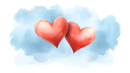 Two red hearts on a blue watercolor background. Vector illustration.の写真素材