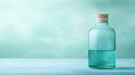 Glass bottle with liquid on a blue background. Place for text.の写真素材