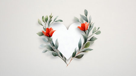 Creative heart made of leaves and flowers on white background. Flat lay.の写真素材