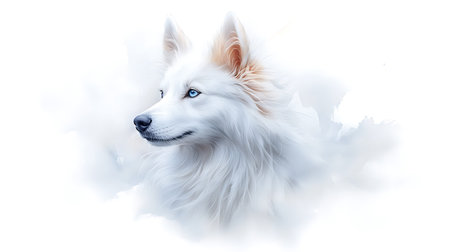 White fluffy dog with blue eyes isolated on white background. Digital painting.