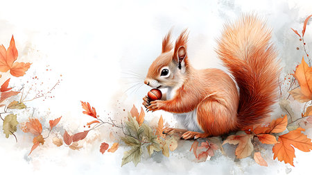 Cute squirrel with acorn in autumn forest. Watercolor illustrationの写真素材