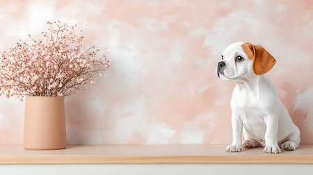 Cute dog sitting on a shelf near a pink wall with flowersの写真素材