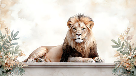 Portrait of a lion on a white background with green plants.の写真素材