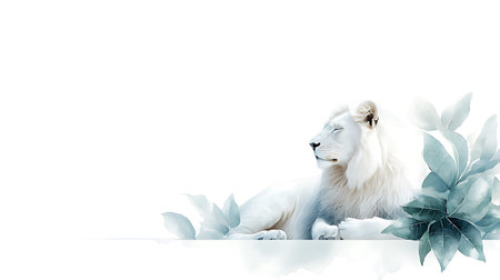 White lion with leaves isolated on white background. 3D illustration.の写真素材